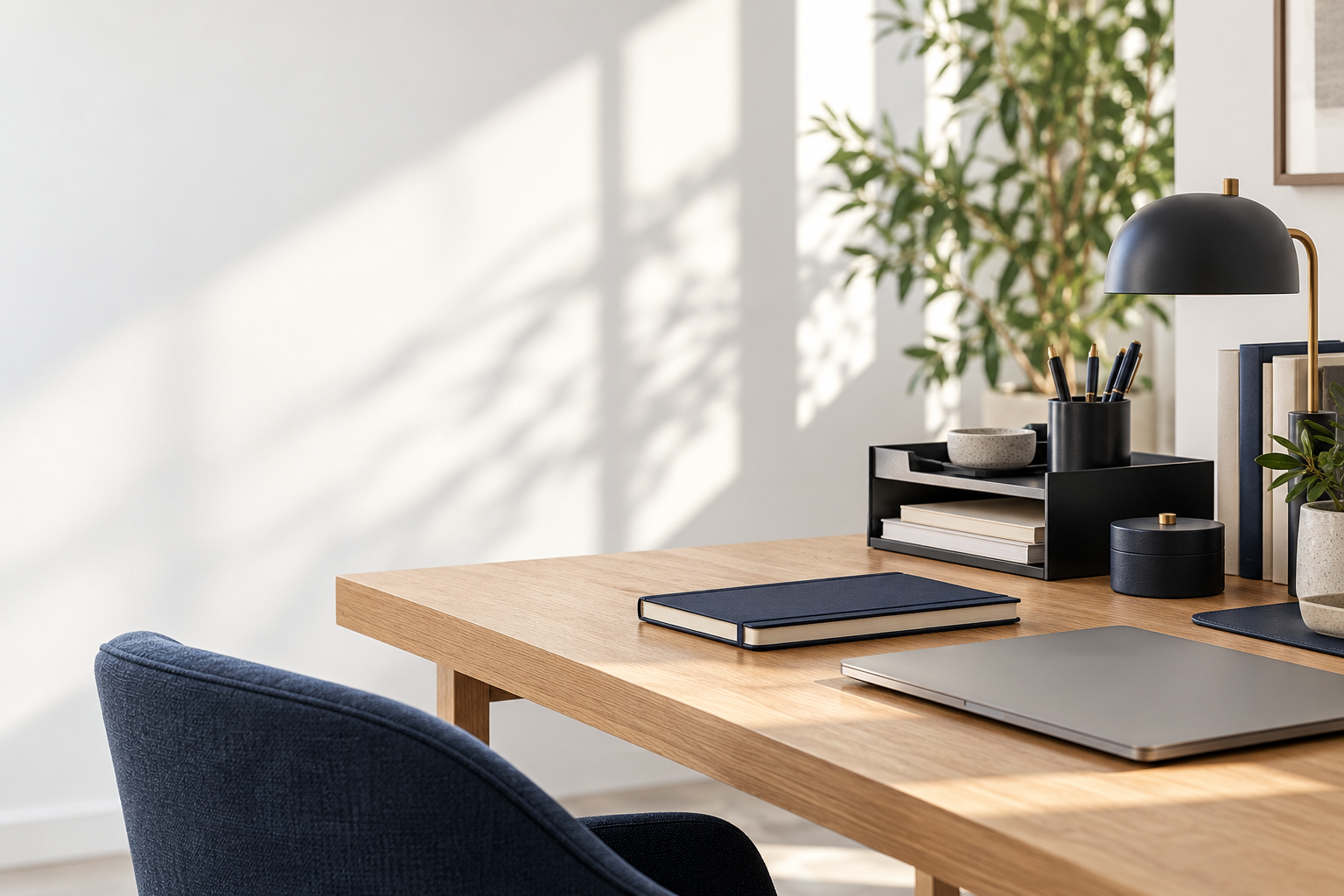 Organized modern office desk with notebooks and desk accessories